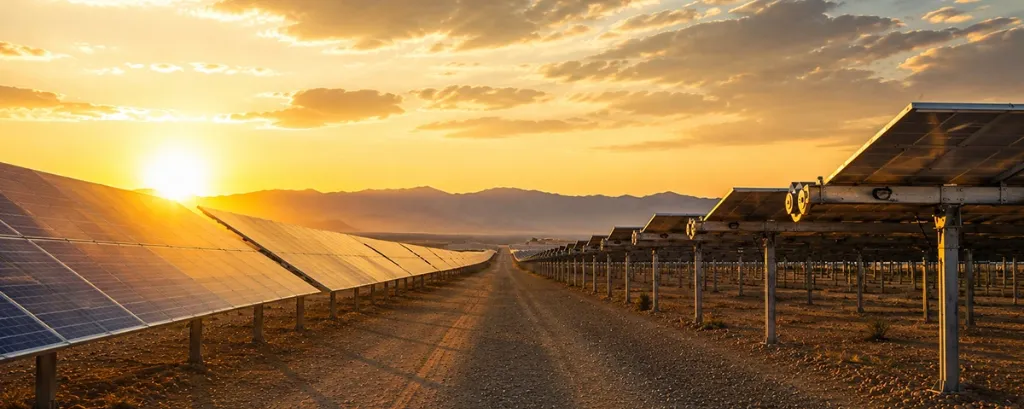 Golden Hour Horizon Solar Farm & Tracking Arrays